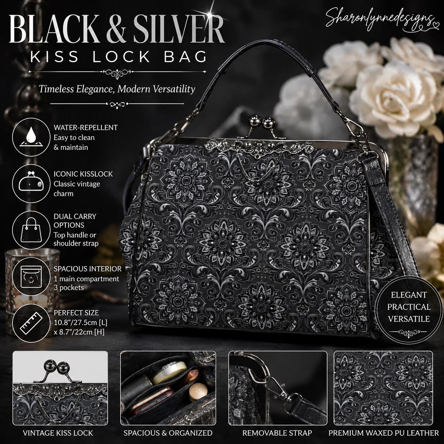 Black & Silver Kisslock Crossbody, Waxed PU Leather Floral Damask, Removable Strap