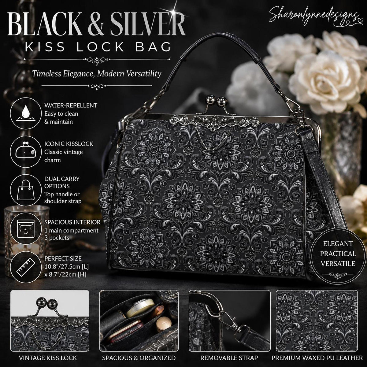 Black & Silver Kisslock Crossbody, Waxed PU Leather Floral Damask, Removable Strap