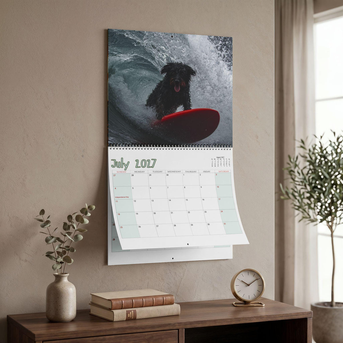 Surfing Dogs Wall Calendar 2027, Spiral Bound With Writable Matte Grids