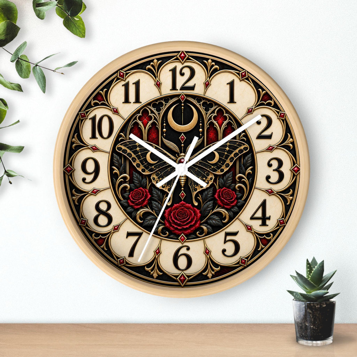 Gothic Wall Clock, Moth Crescent Moon Artwork, 10-Inch Plexiglass Face, Silent Wooden Frame