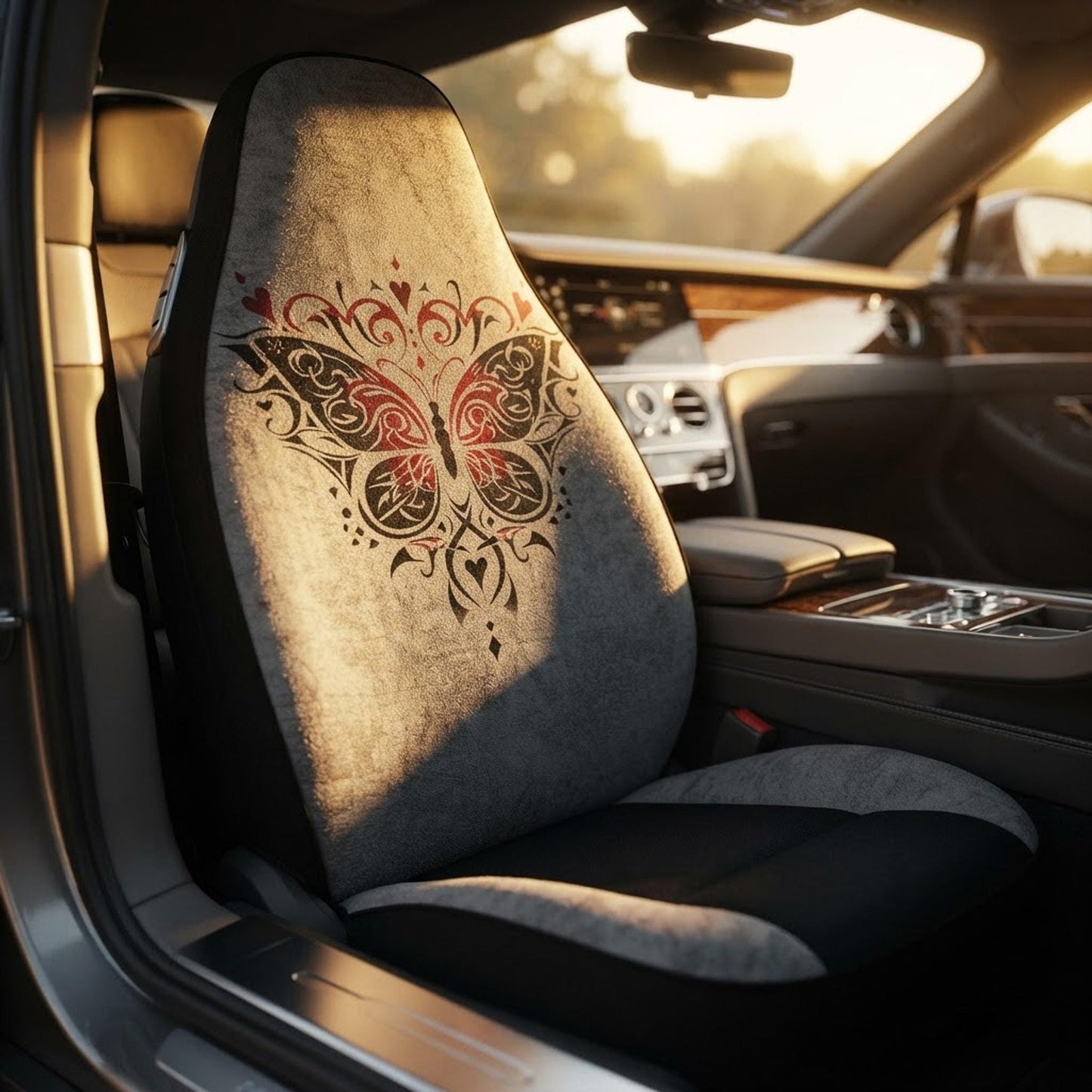 Automotive Protector, Gray Butterfly Car Seat Covers, Polyester Set of Two