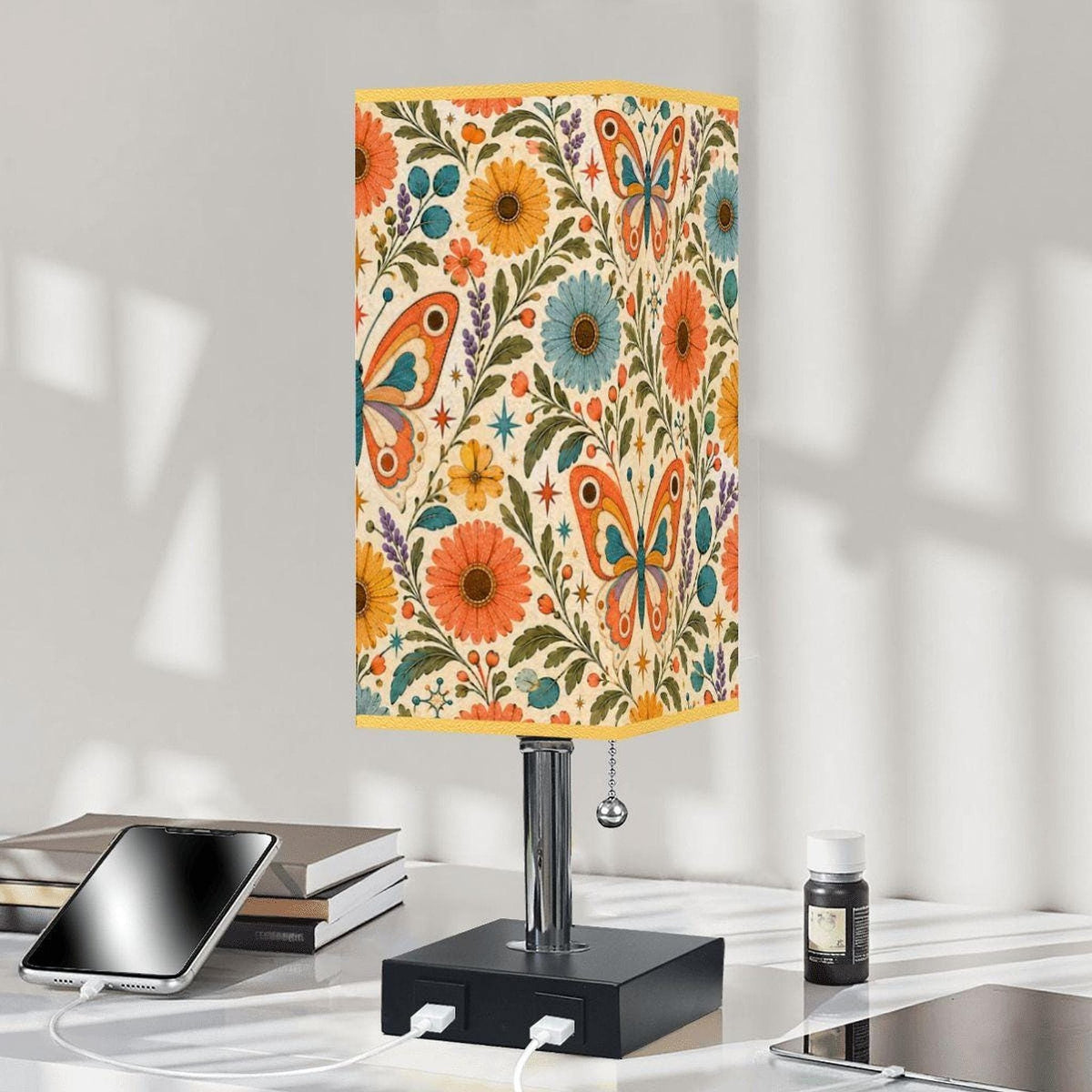 Butterfly Table Lamp, Linen Shade With Gold Trim, USB Ports And 16-Color LED