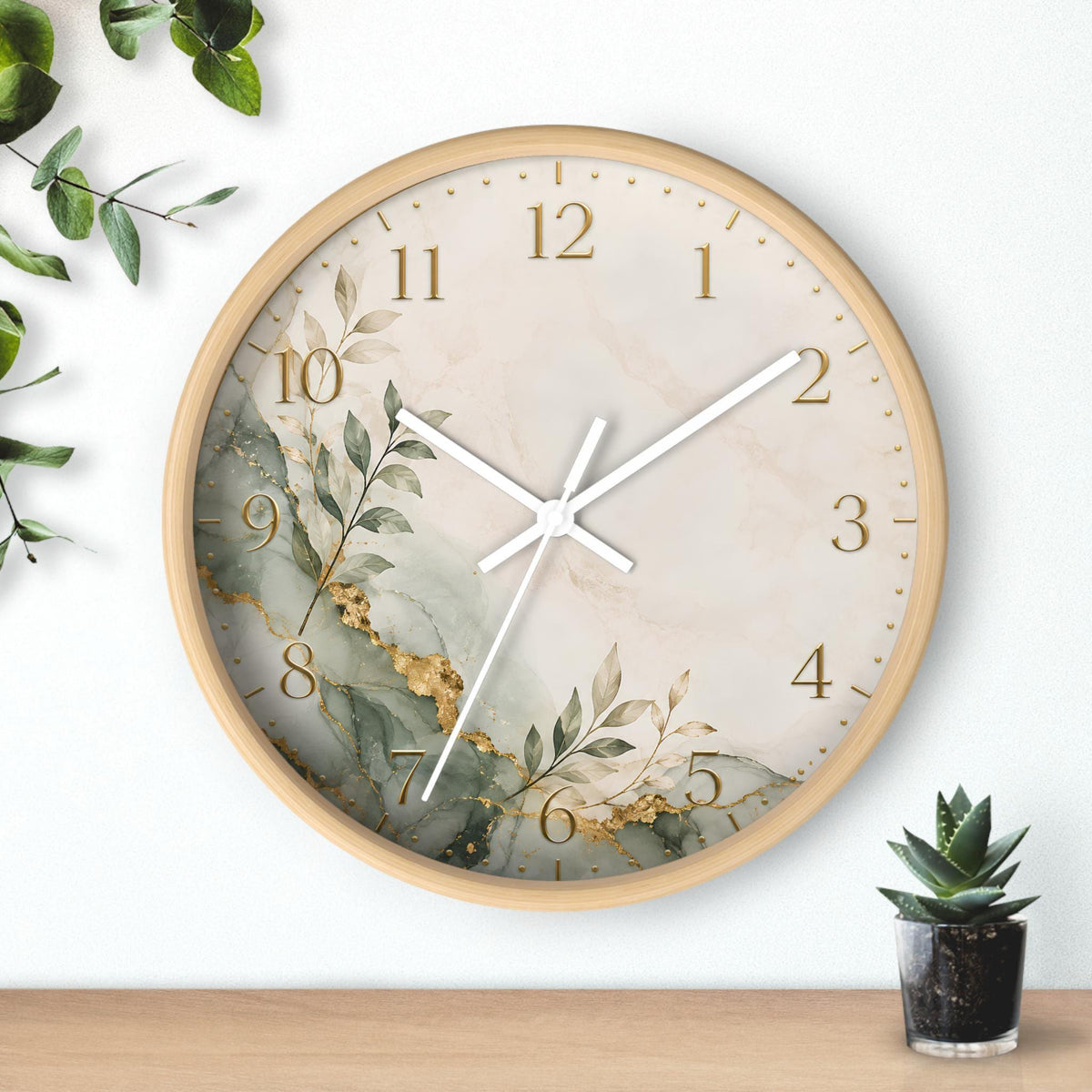 Botanical Marble Wall Clock | Green Gold Leaf Accent