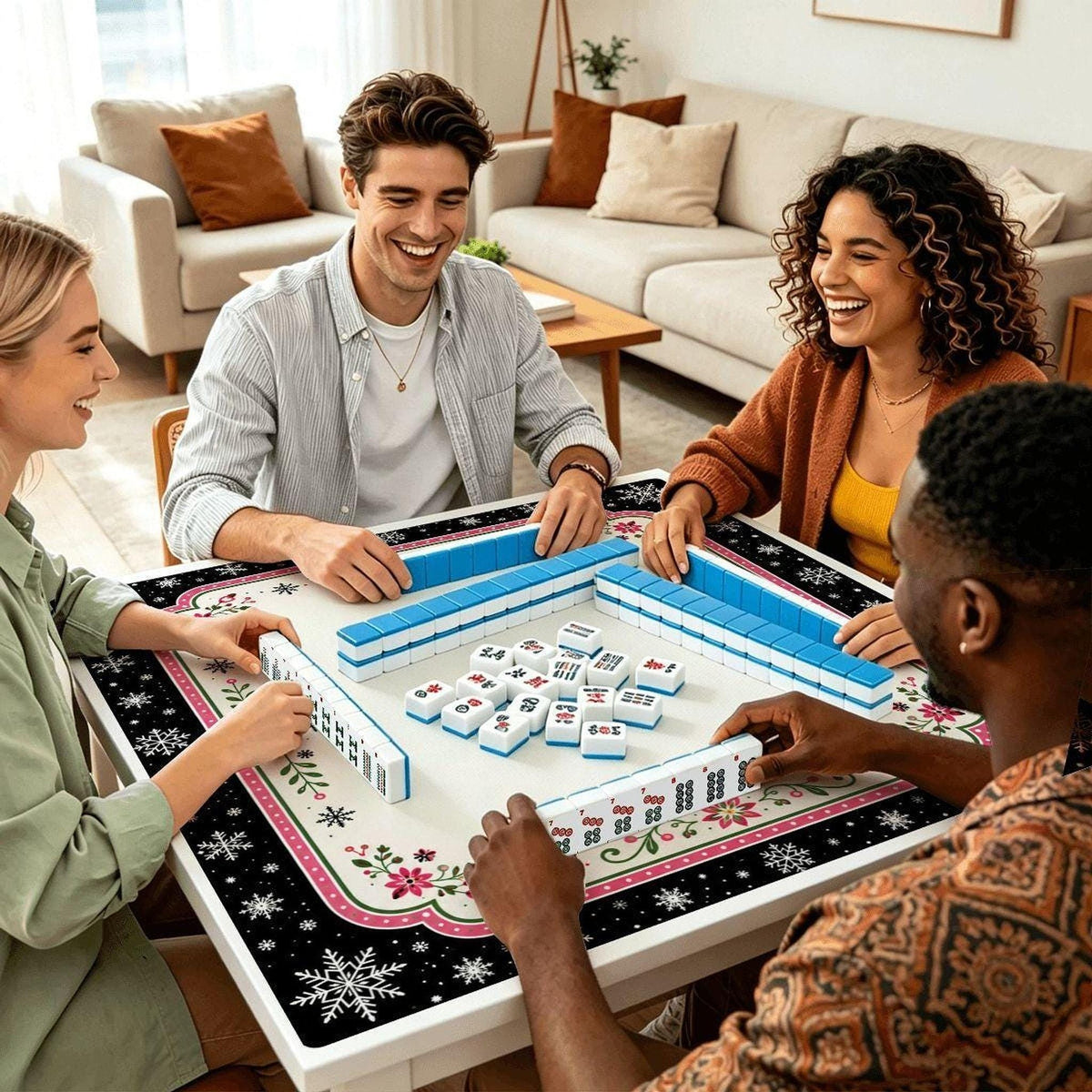 Mahjong Game Mat, Festive Christmas Design with Polyester Fabric, Non-Slip Rubber Backing