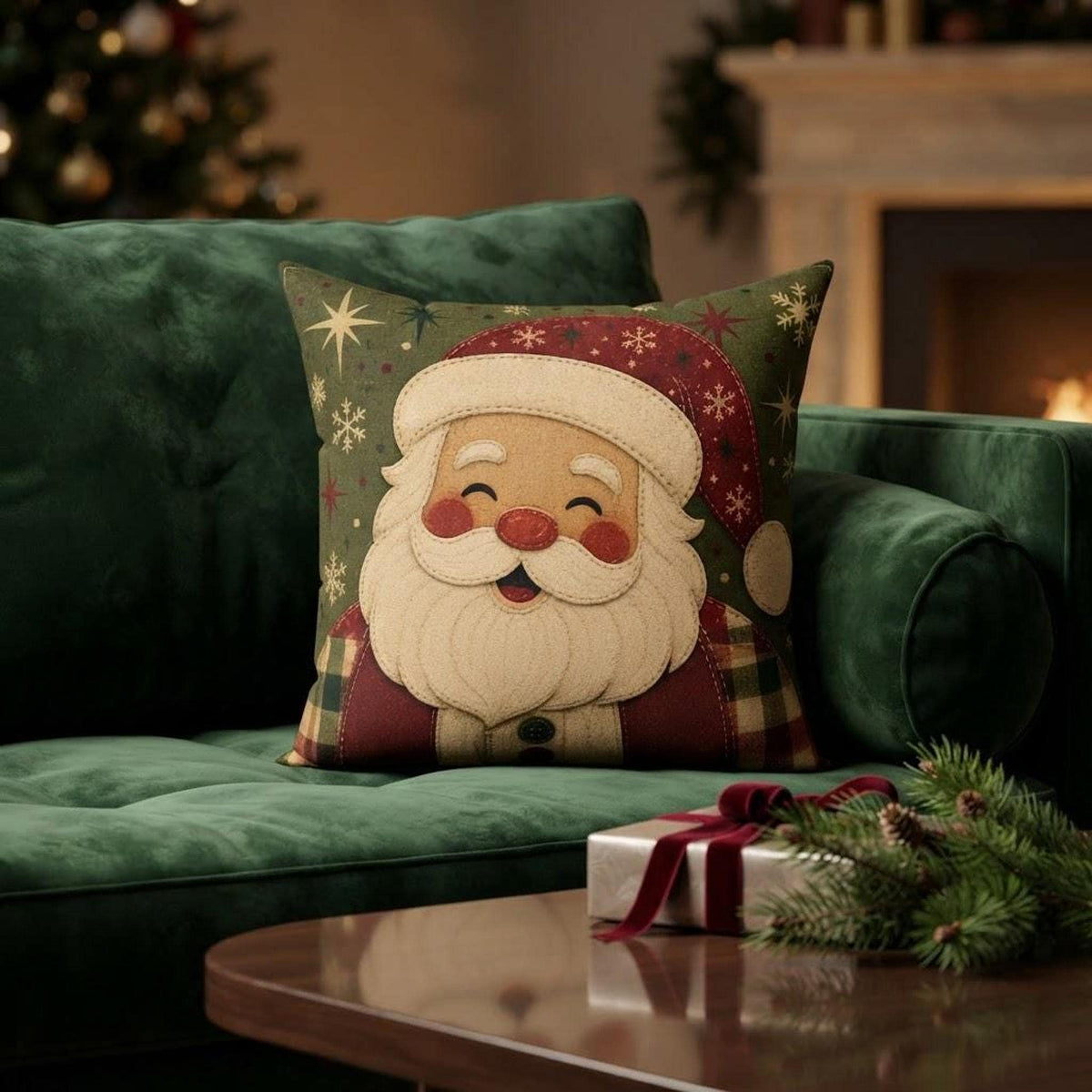 Vintage Santa Pillow, Double-Sided Faux Suede Cover, Four Sizes