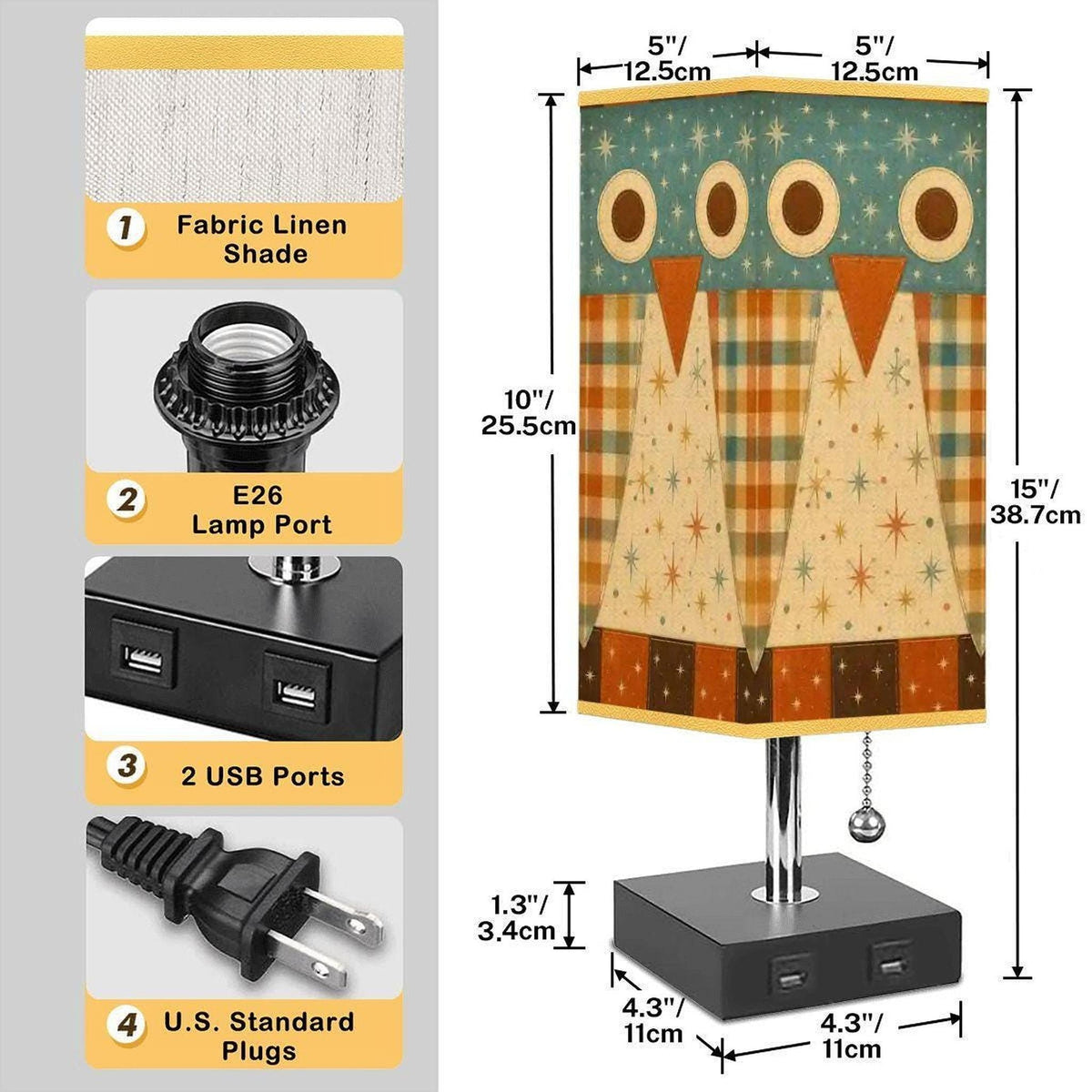 Retro Owl Table Lamp, Linen Shade with Gold Trim and Two USB Ports