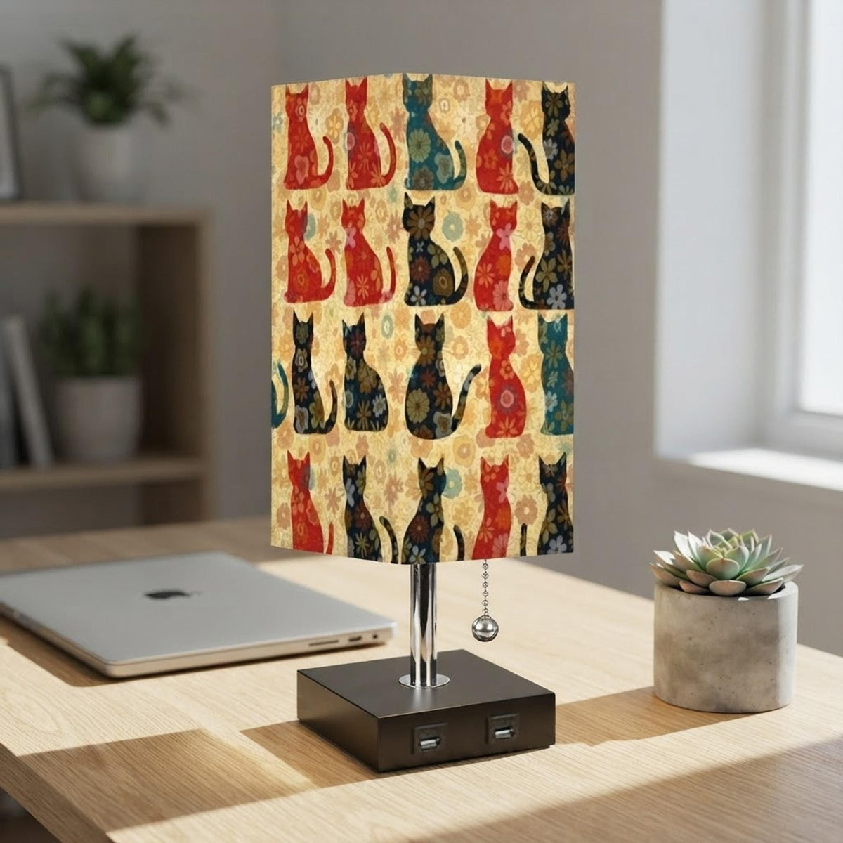 Decorative Lighting, Retro Cat Table Lamp with Linen Shade and 16-Color LED
