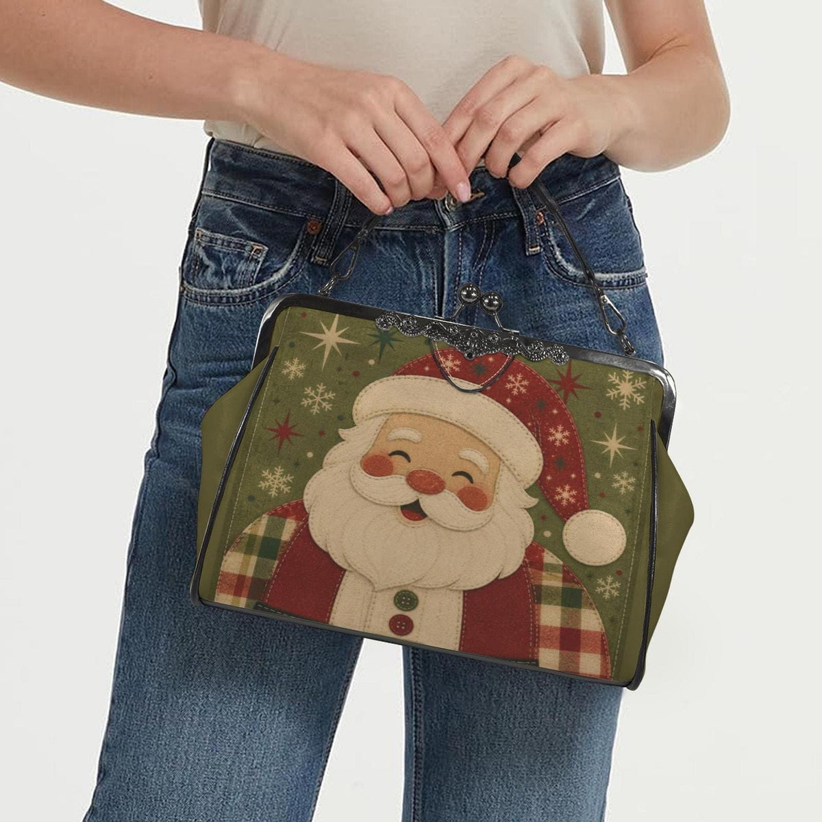 Santa Kisslock Bag, Waxed PU Leather Crossbody with Removable Shoulder Strap