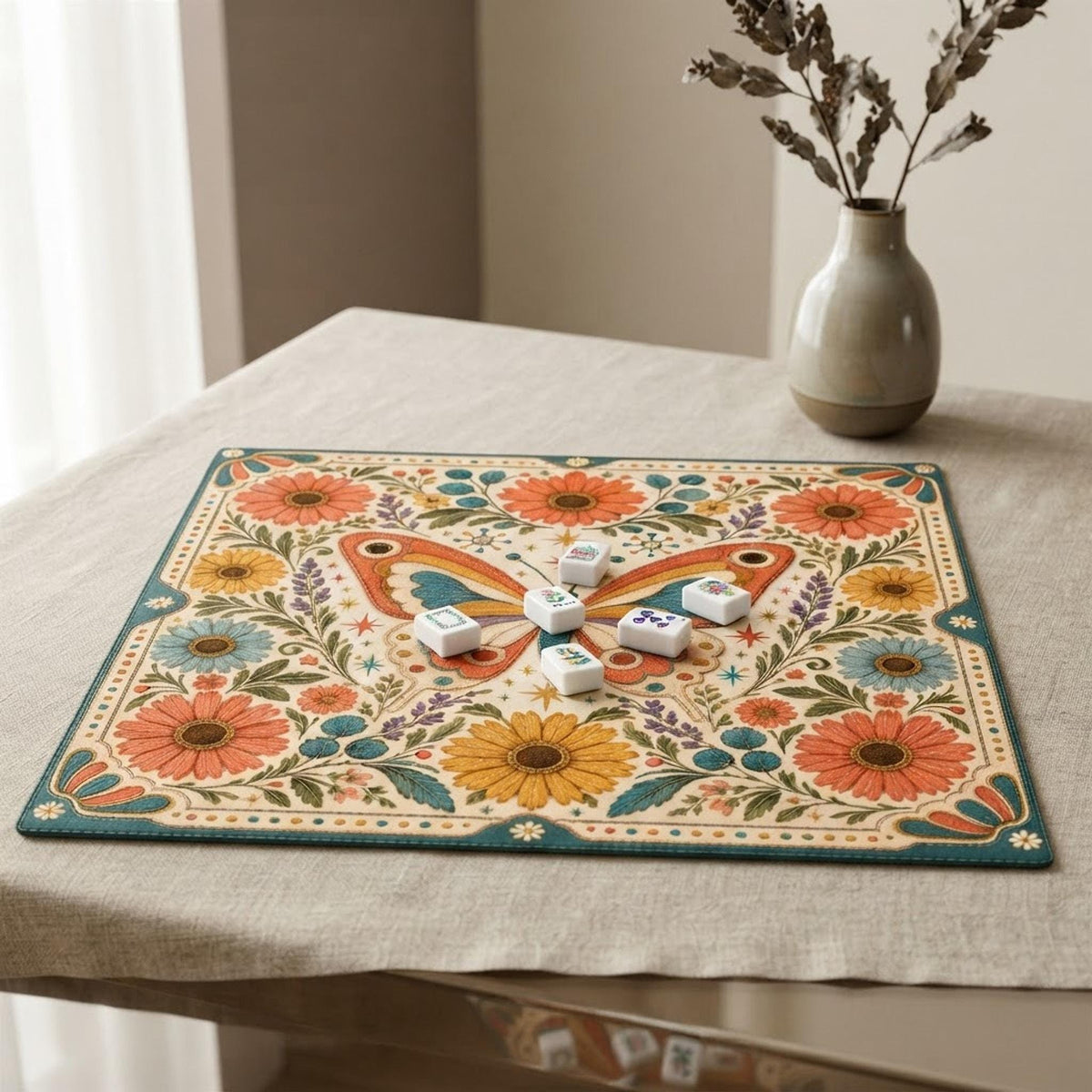 Retro Butterfly Mahjong Mat, Floral Polyester Surface, Non-Slip Rubber Backing
