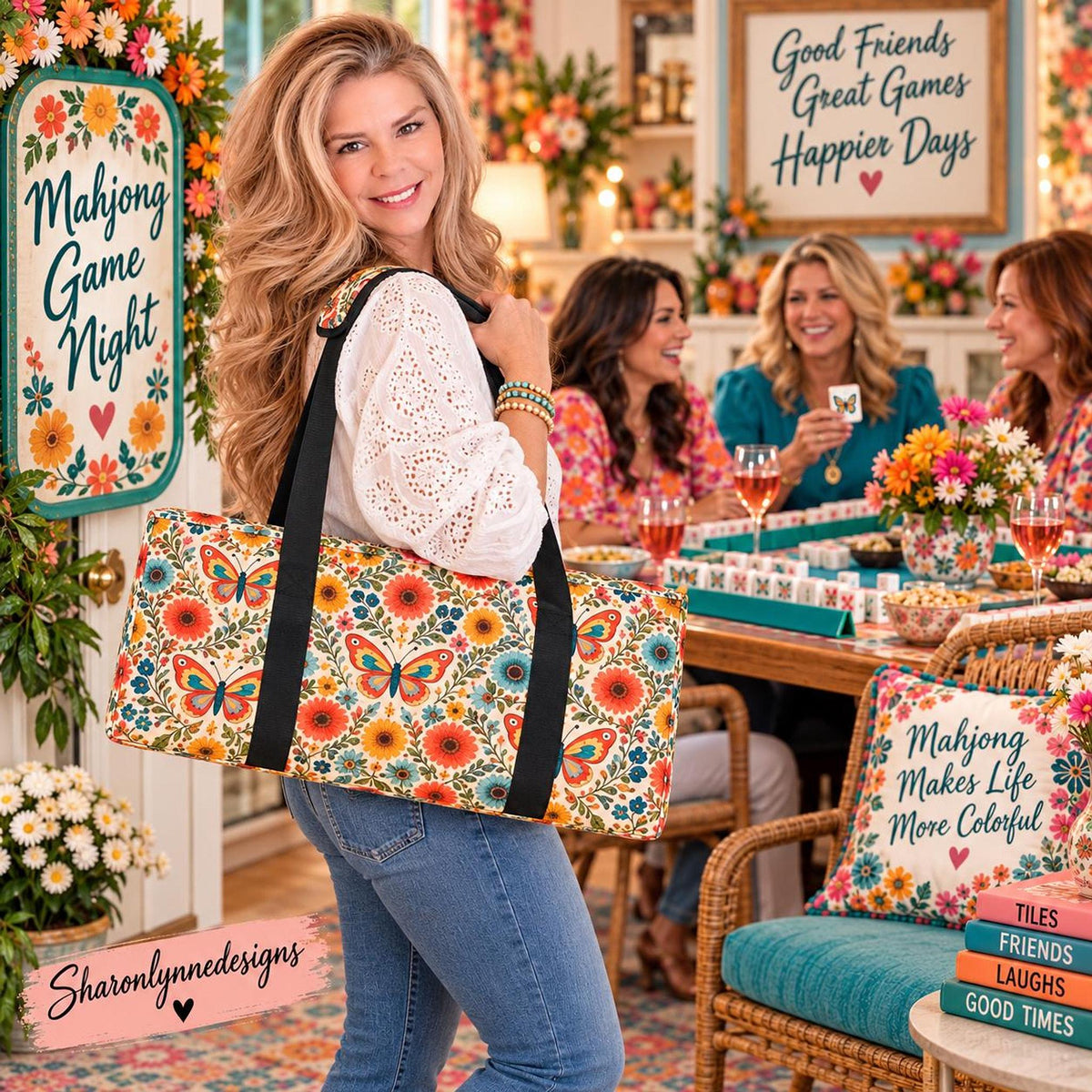 Retro Butterfly Mahjong Bag Set โ 3 Piece Canvas Storage & Carrying Set