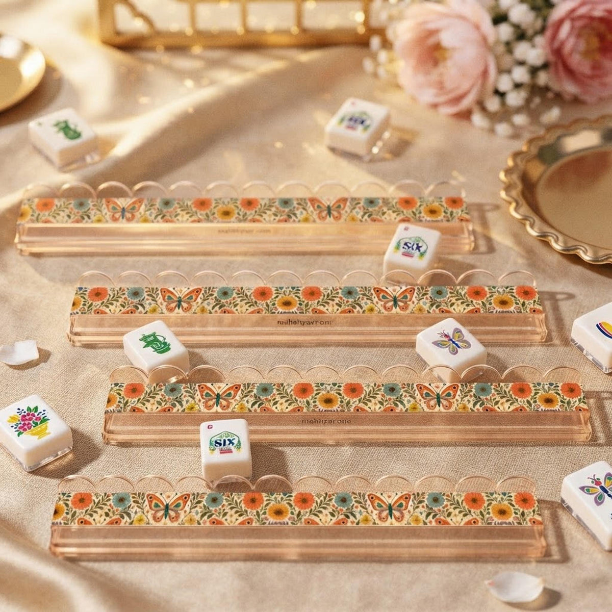 Retro Butterfly Mahjong Racks Set of 4, Extended Acrylic with Magnetic Pusher