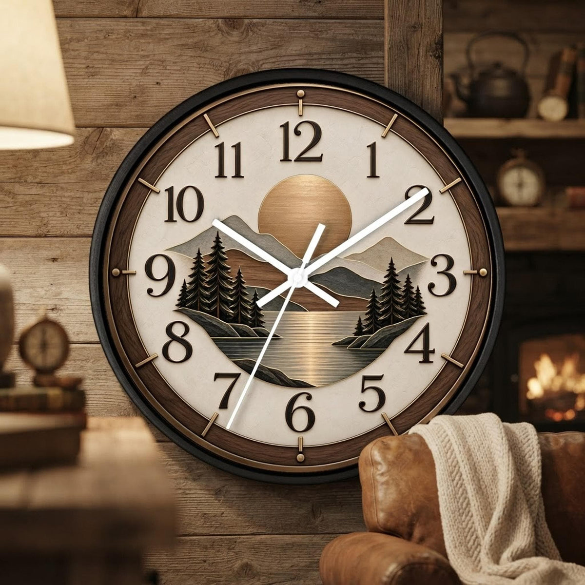 Woodland Sunset landscape Wall Clock | Mountain Lake Pines, Rustic Home Decor