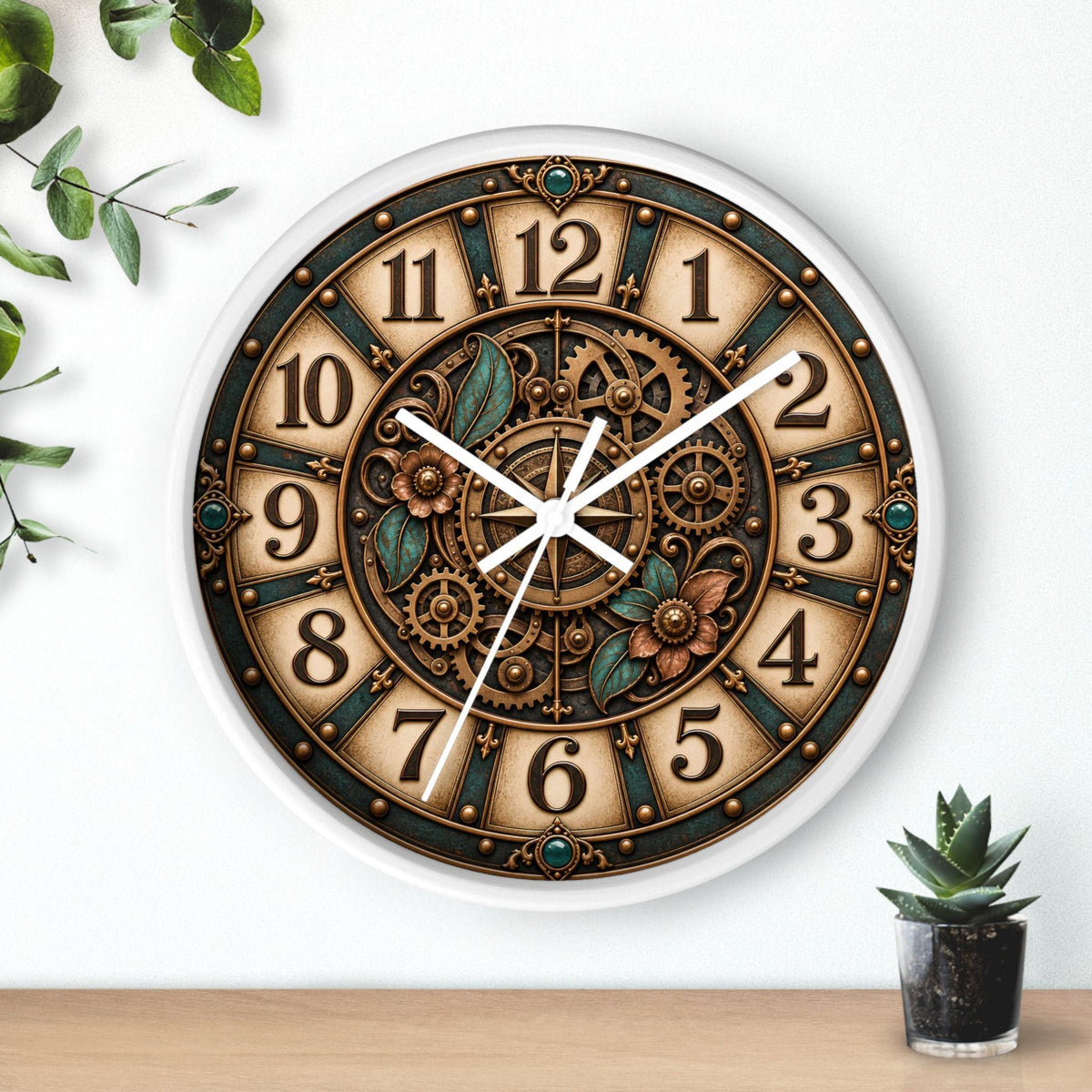 Steampunk Gear Wall Clock, 10-Inch Square Floral Design with Silent Movement