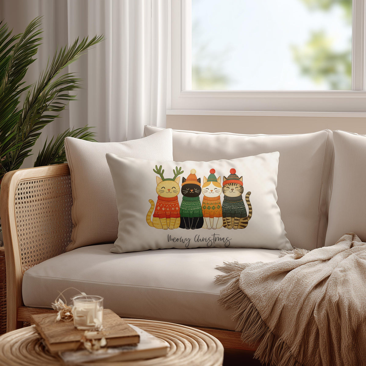 Christmas Cat Pillow, Polyester Lumbar Cushion with Double-Sided Meowy Print