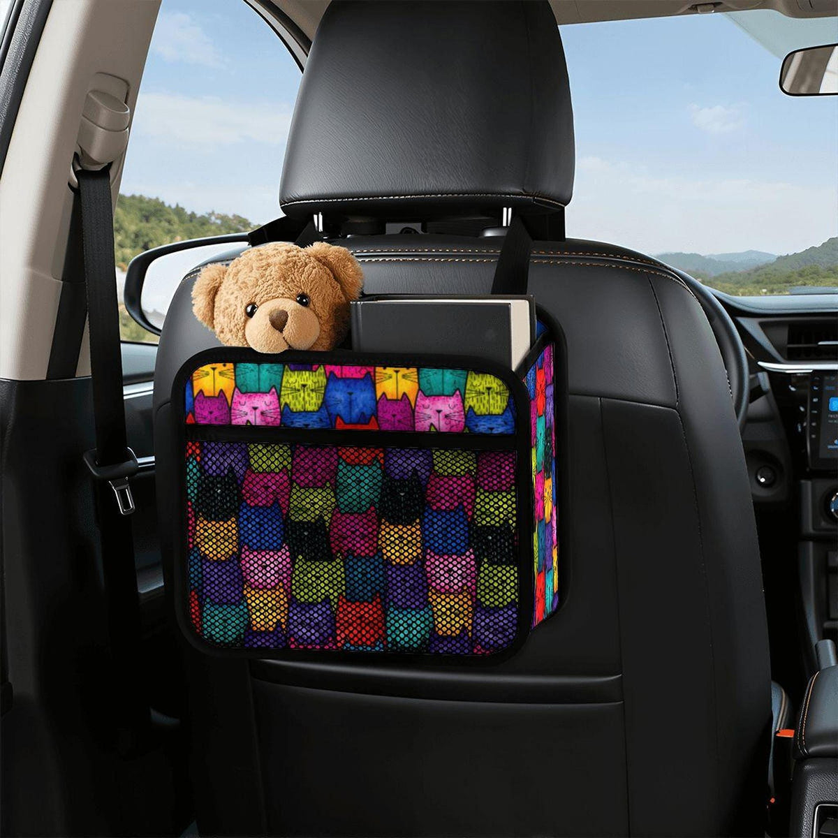 Car Seat Organizer, Colorful Retro Cat Print with PU Material and Mesh Pocket