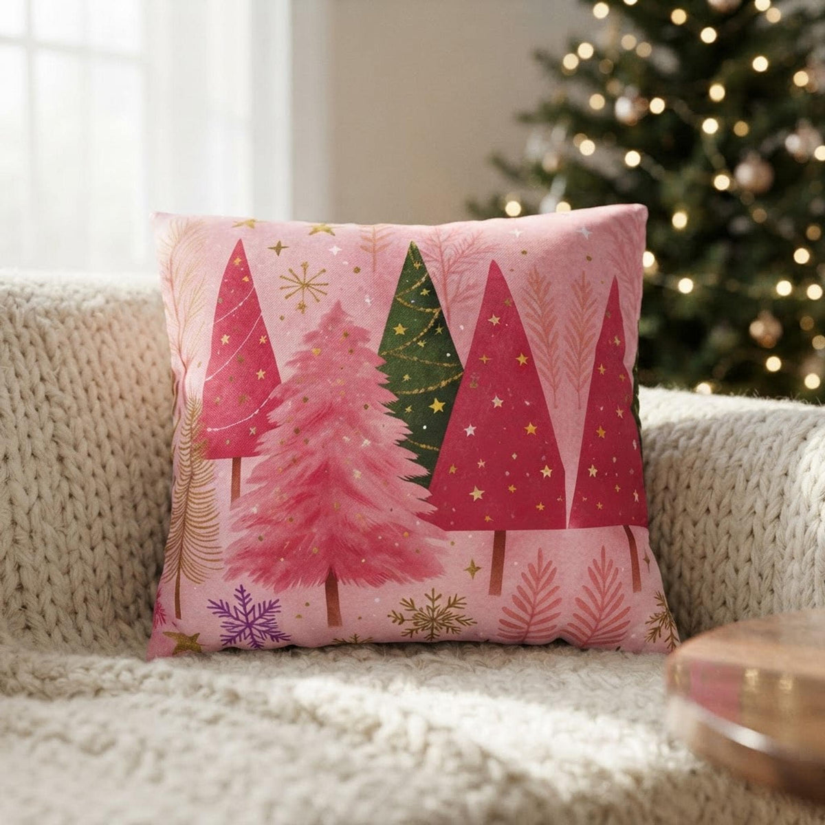 Square Pillowcase, Pink Christmas Tree Faux Suede Cover with Double-Sided Print