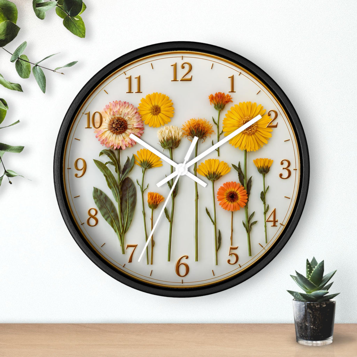 Pressed Yellow Flowers Wall Clock | Floral Botanical Home Decor