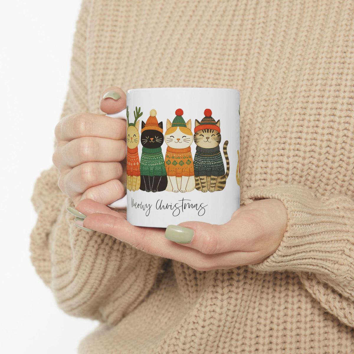 Ceramic Cat Mug, Christmas Holiday Tea Cup in 11oz or 15oz Sizes