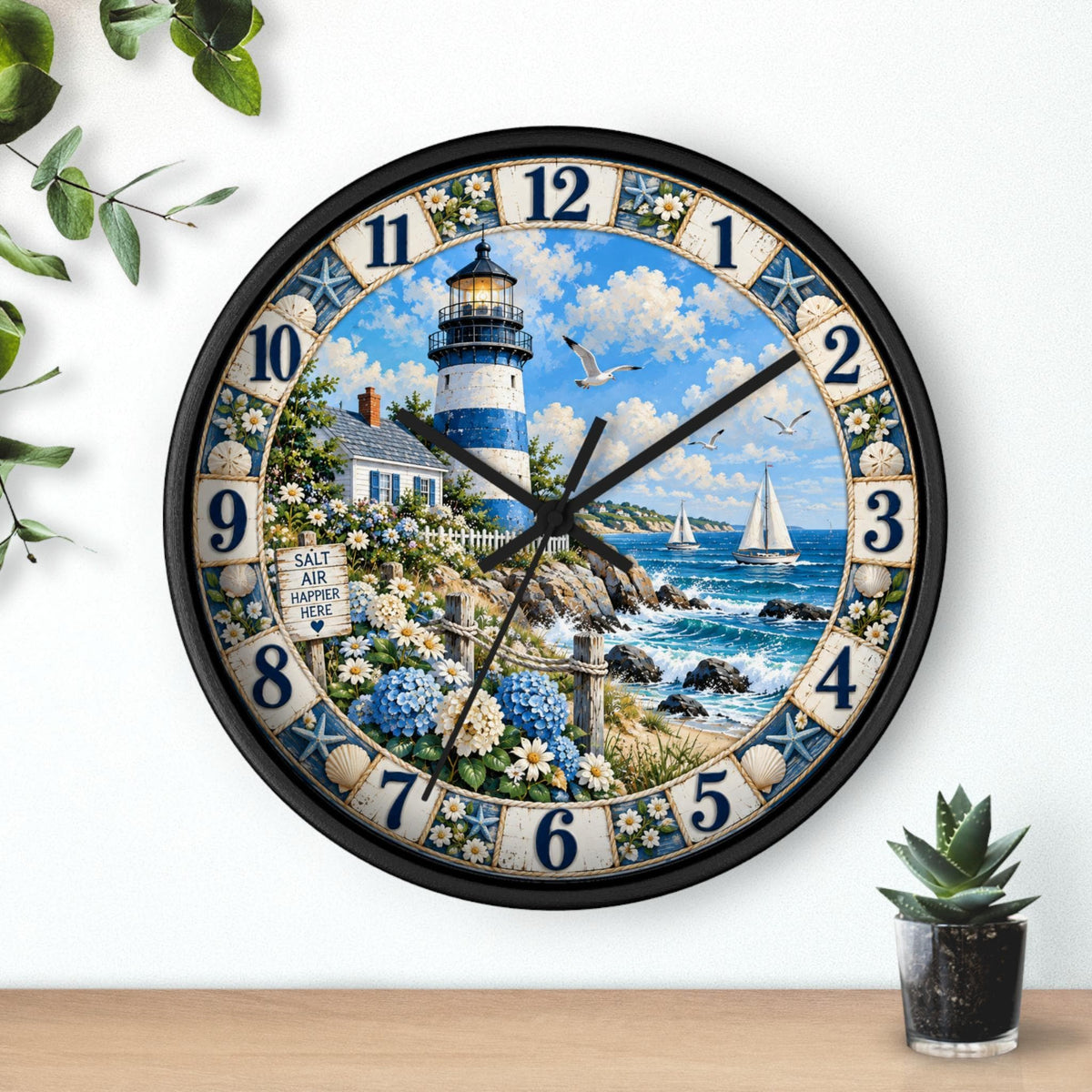 Lighthouse Clock, Coastal Wall with Silent Movement and Wood Frame