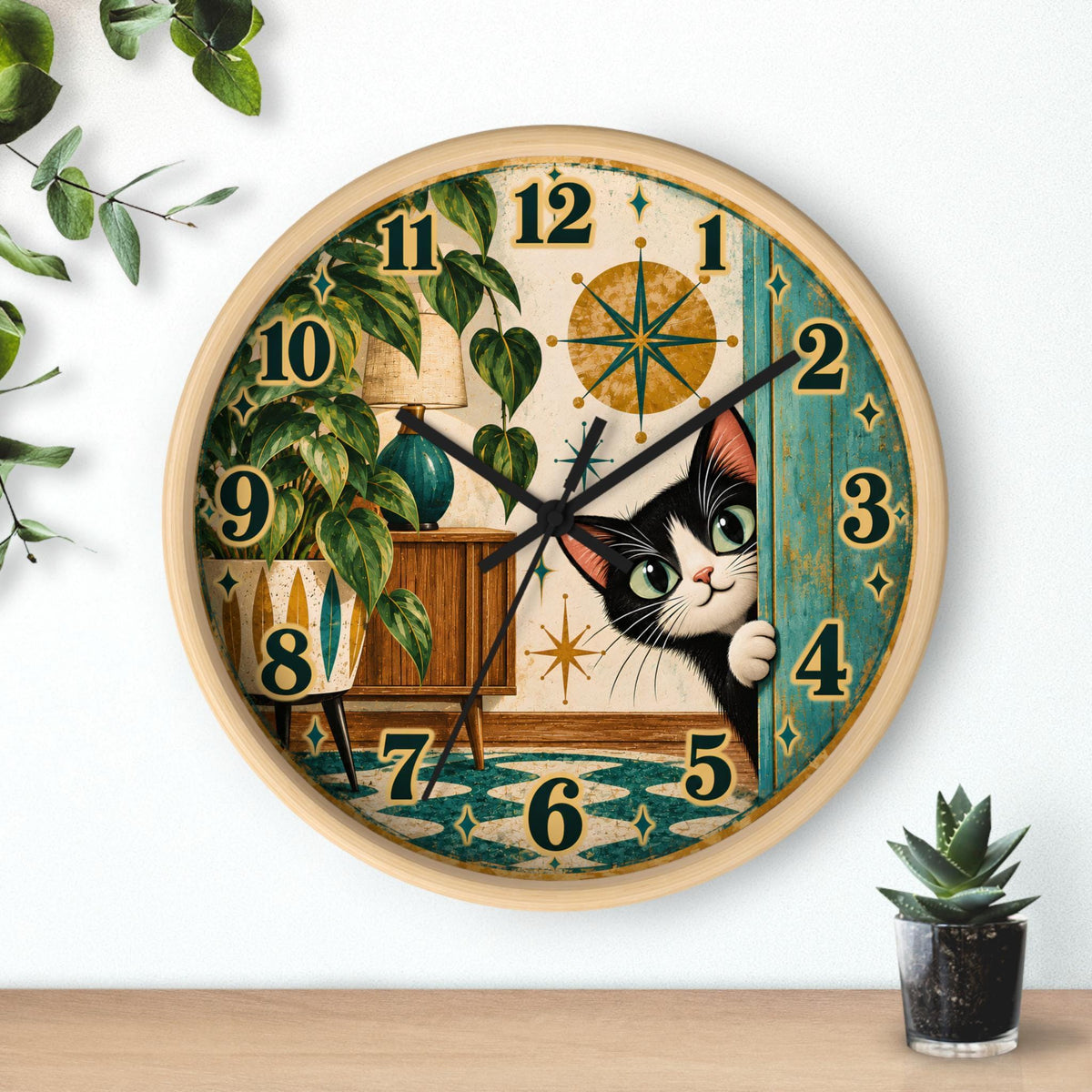 Peeking Tuxedo Cat Wall Clock | Midcentury Starburst Retro Home Decor
