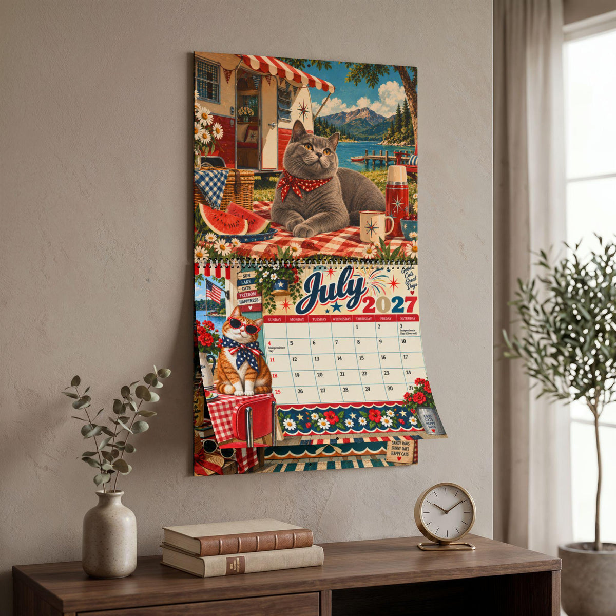 2027 Cat Wall Calendar, Retro Monthly Planner with Writable Matte Grid