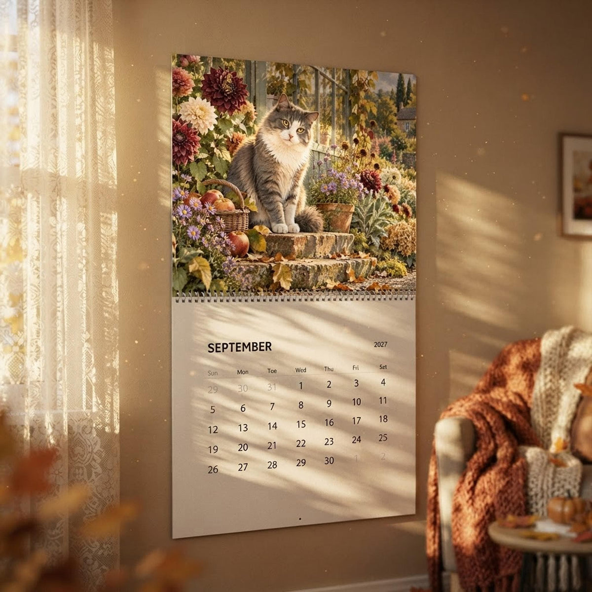 2027 Cat Wall Calendar, Illustrated Seasonal Scenes with Matte Monthly Grids
