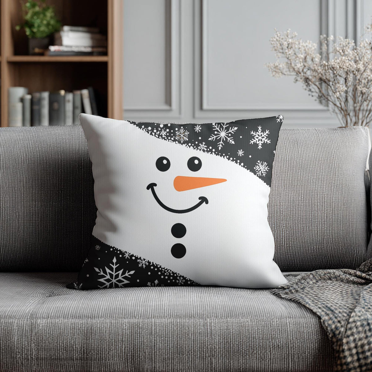 Christmas Pillowcase with Snowman Print, Faux Suede Square Cushion Cover