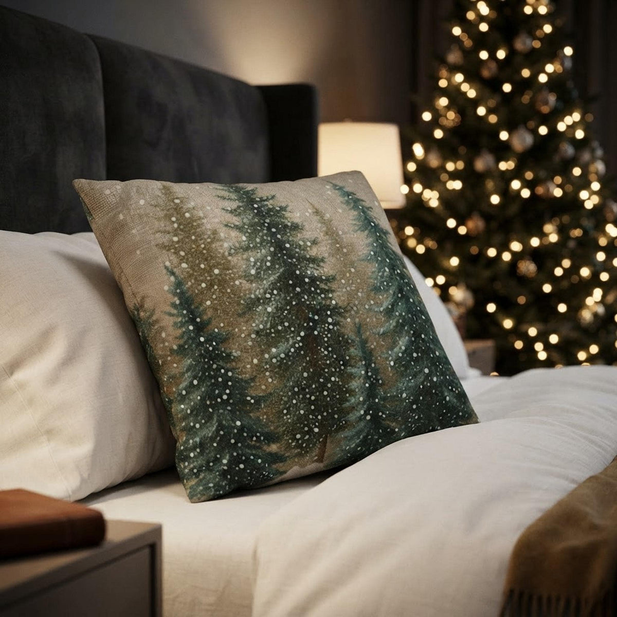Nature Pillow Cover, Faux Suede Woodland Forest Cushion Double-Sided Pine Trees
