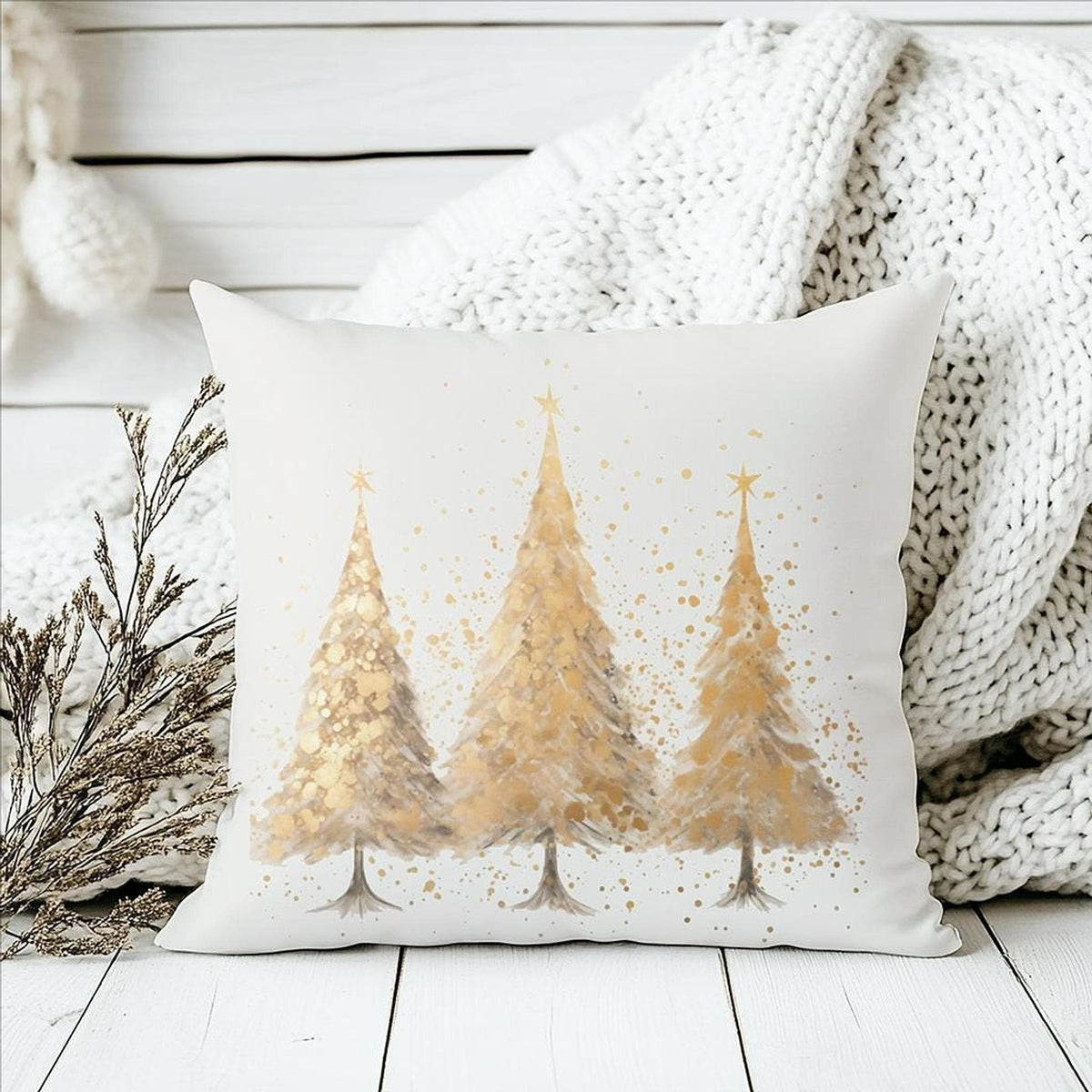 Christmas Pillowcase, Gold Tree Polyester Cover with Concealed Zipper