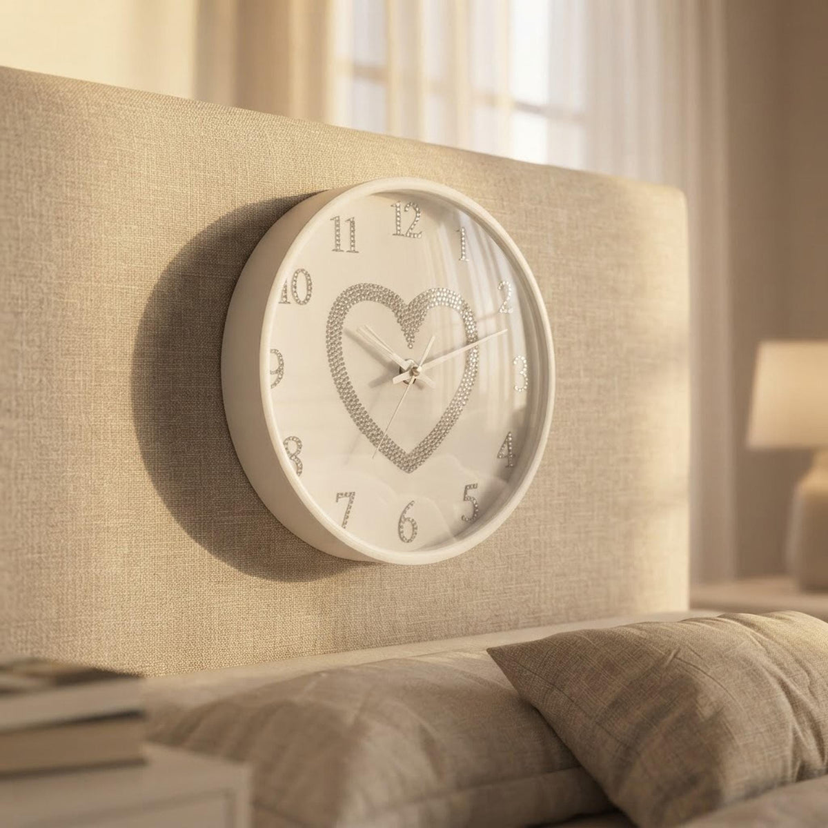 White Heart Wall Clock, 10-Inch Wood Frame with Rhinestone Bling