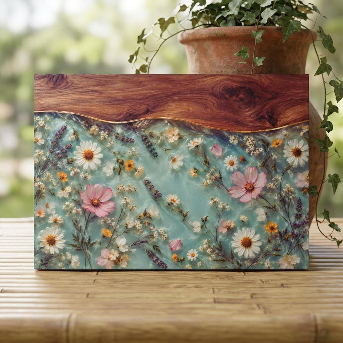 Daisy Meadow Floral Glass Cutting Board | Wildflower Resin Wood Edge
