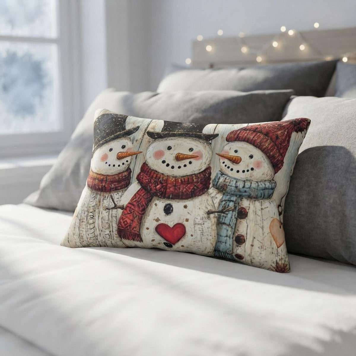 Cozy Winter Snowman Lumbar Pillow: Festive Holiday Decor for Christmas Cheer & Farmhouse Charm