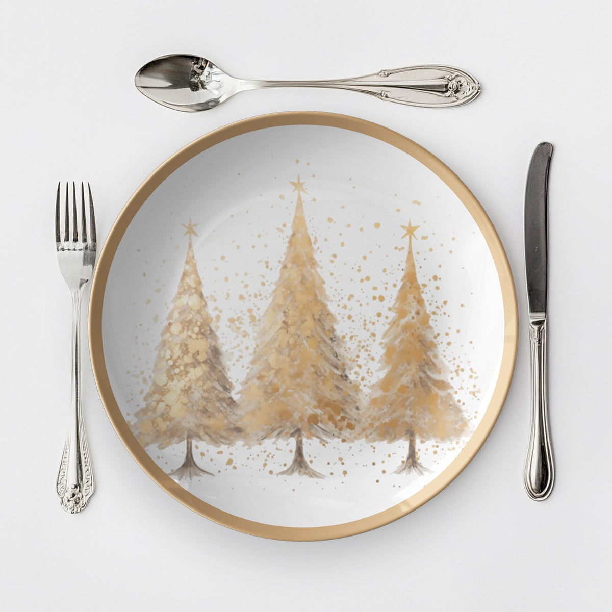Gold Christmas Plate, 10-Inch Polymer Dinnerware with Tree Design