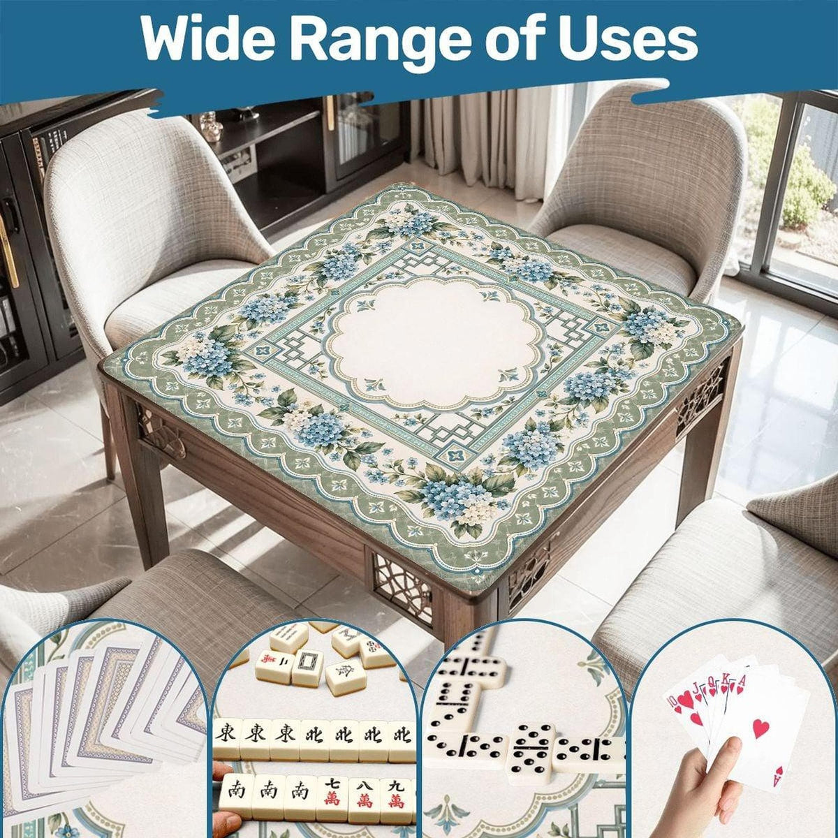 Sage Hydrangea Mahjong Mat, Polyester Surface with Non-Slip Rubber Backing