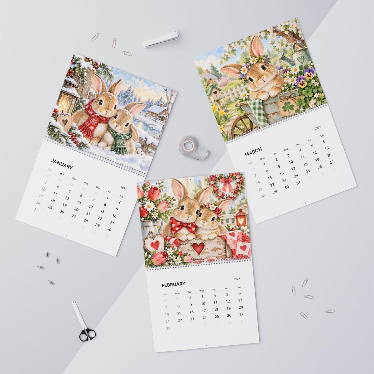 2027 Bunny Wall Calendar, Seasonal Rabbit Artwork with Writable Matte Grids