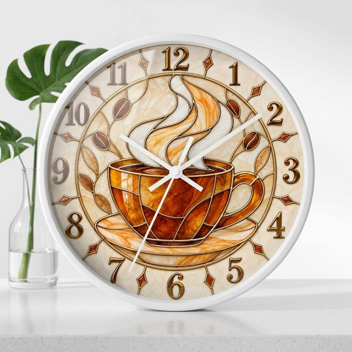 Coffee Cup Clock, 10-Inch Stained Glass Print with Silent Wall Mechanism