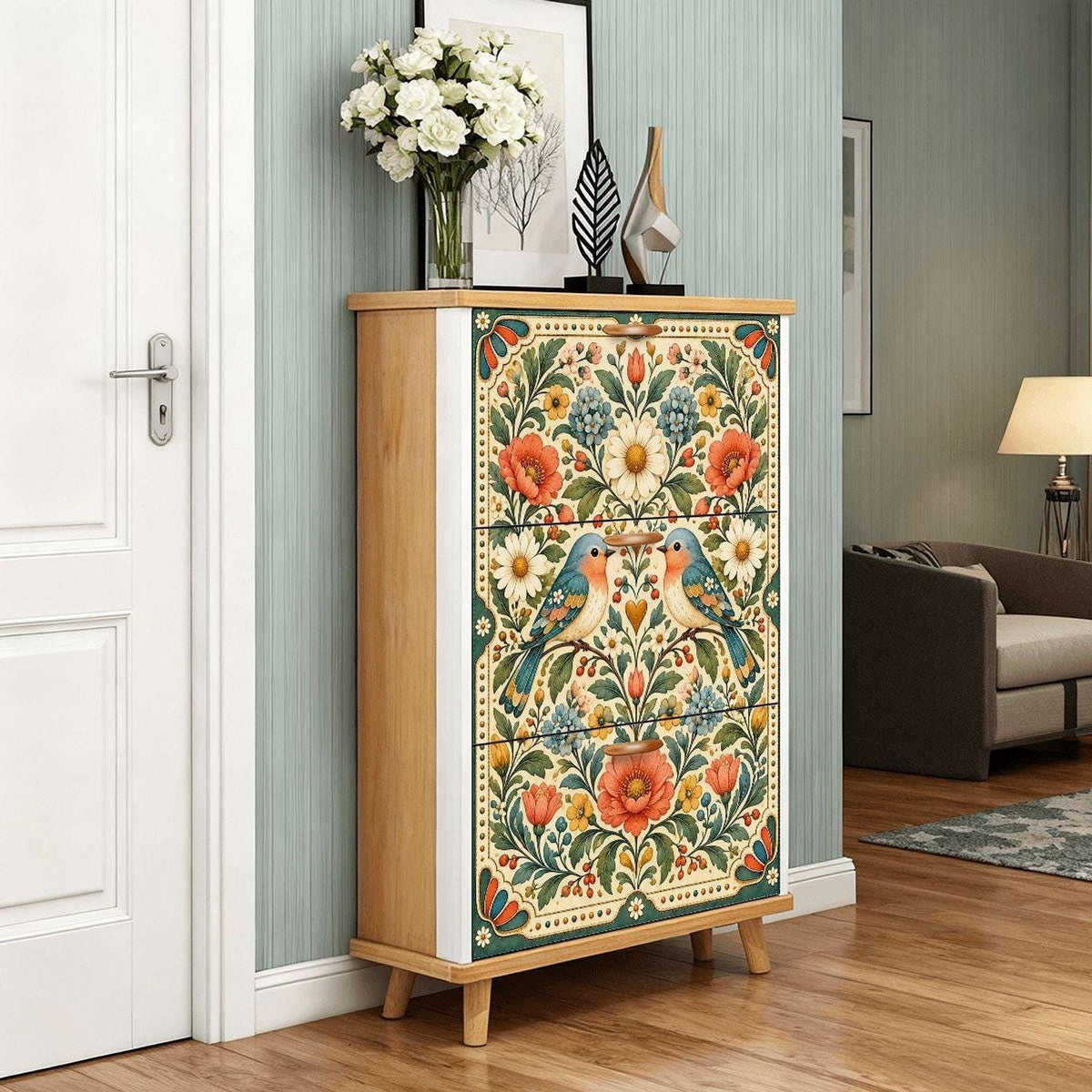 Bird Shoe Cabinet, Floral MDF Storage with Three Flip Drawers, 31.5 × 47.2 Inches