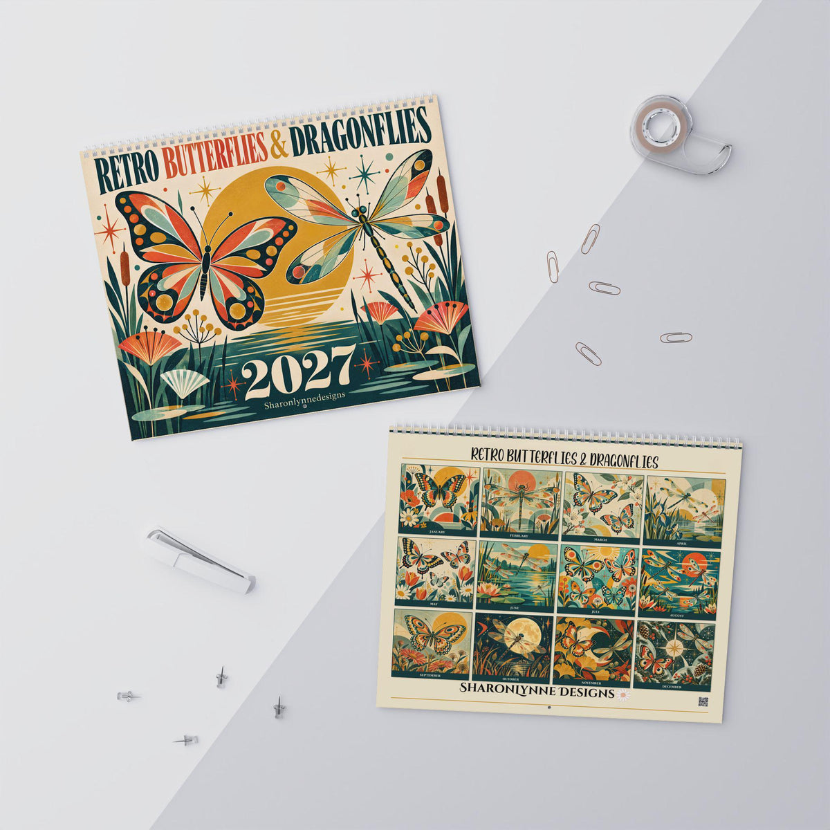2027 Butterfly Wall Calendar, Retro Dragonfly Art on Matte Paper