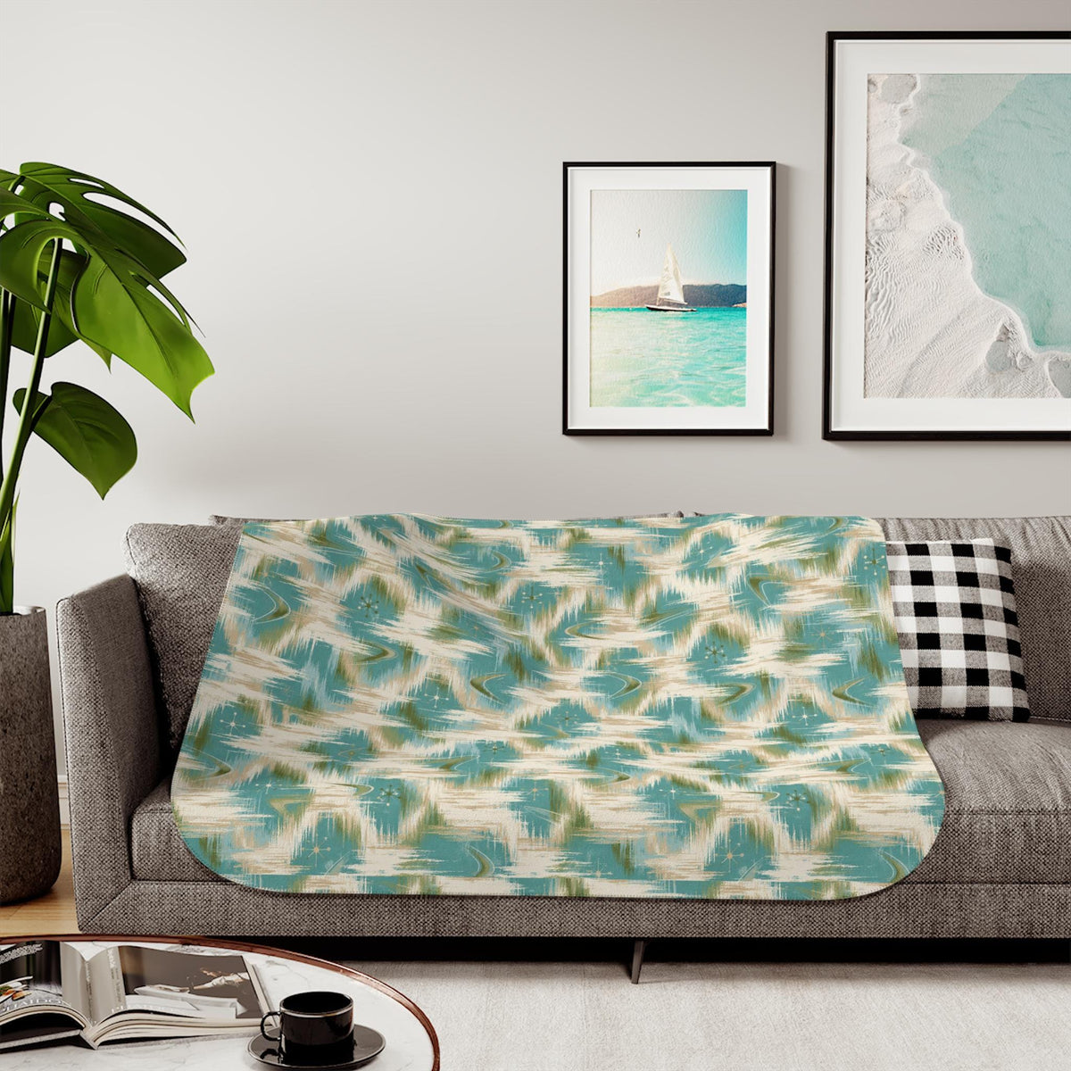 Retro Rhythm Sherpa Blanket, 435 g/m Polyester Throw with Fleece Backing