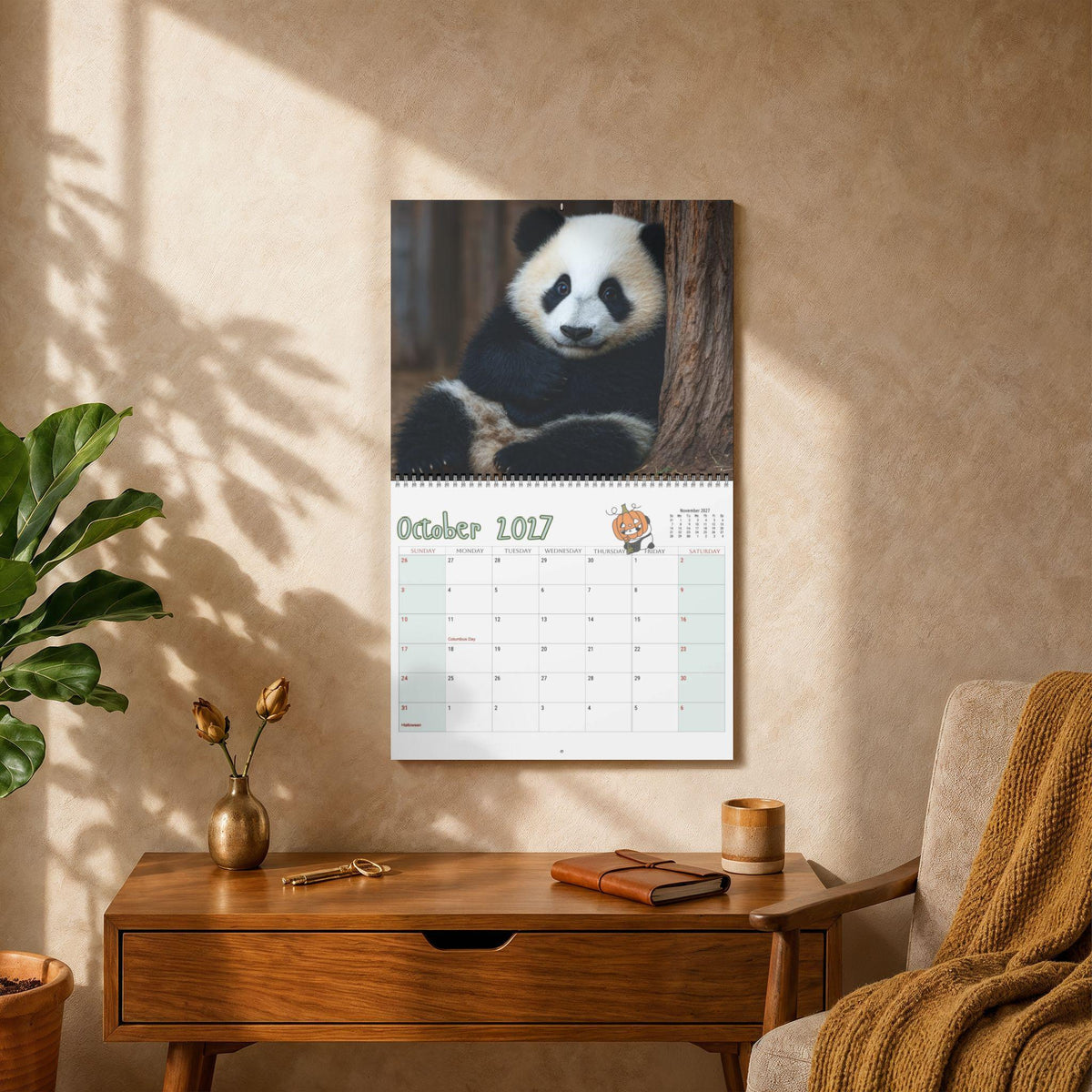 Panda 2027 Wall Calendar, Spiral Bound With Writable Monthly Grids