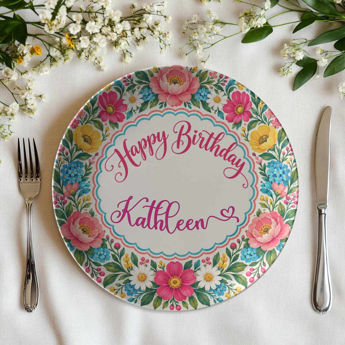 Happy Birthday Plate, 10-Inch Polymer Dinnerware with Floral Scalloped Border