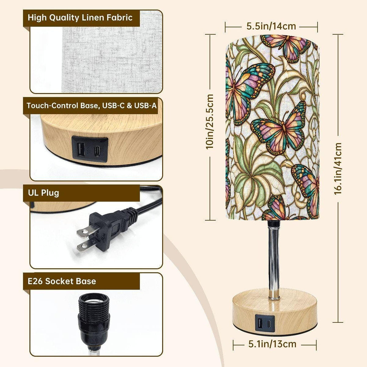 Butterfly Touch Bedside Lamp, 15.9-Inch Fabric Shade with USB and Type-C Charging
