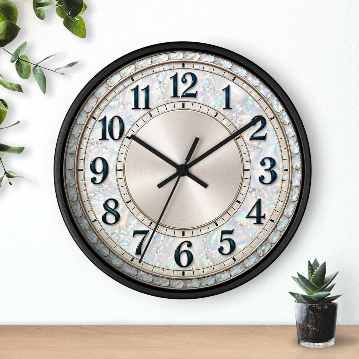 Mother-of-Pearl Wall Clock, Silent Sweep, Wood Frame (10x10x2")