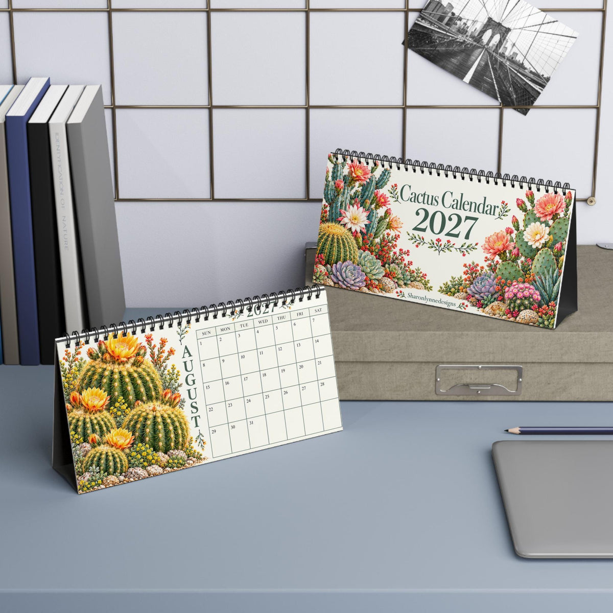 2027 Desk Calendar, Cactus and Succulent Art, Blank 10 x 5 Inch Spiral
