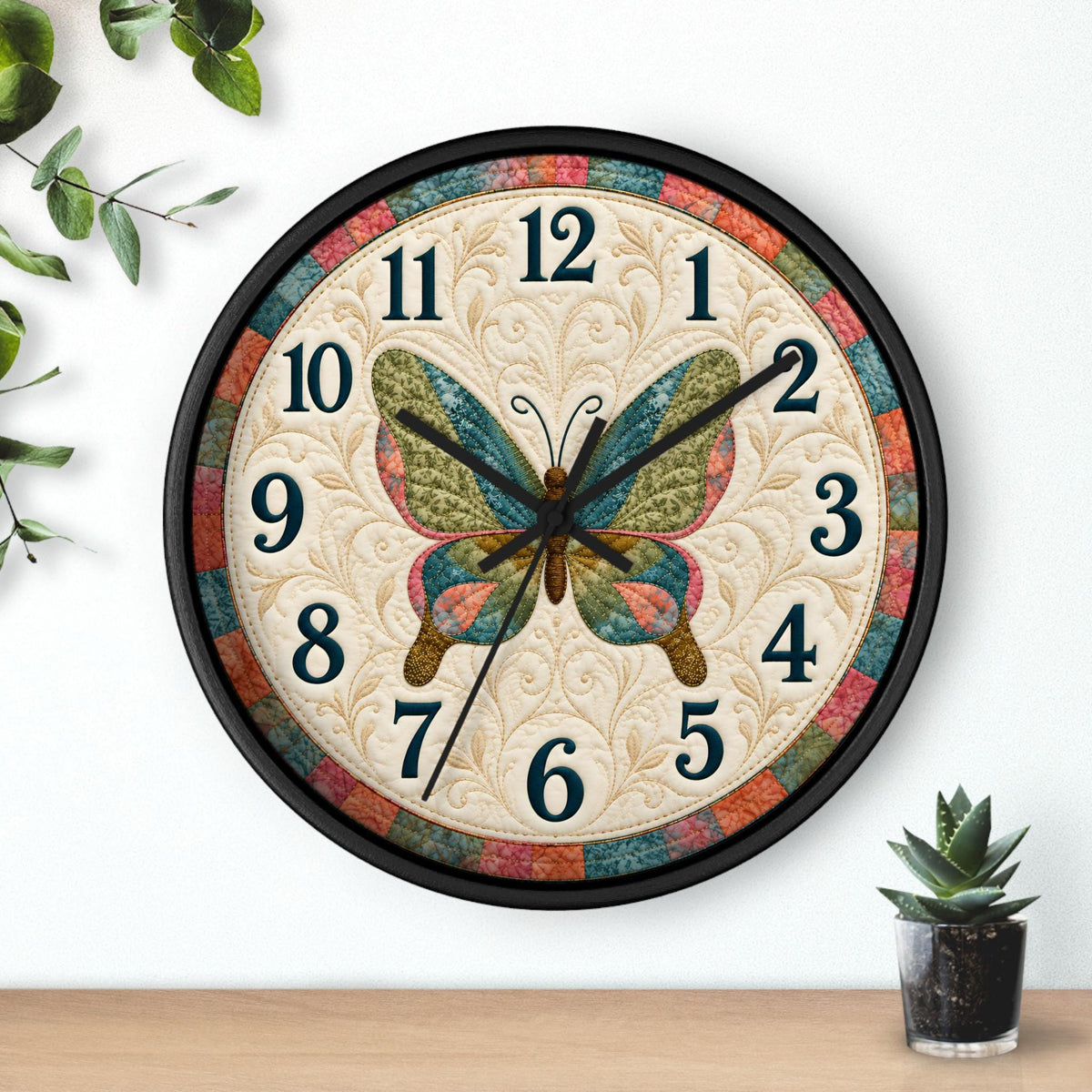 Butterfly Clock, 10-Inch Wood Frame Floral Wall with Silent Mechanism