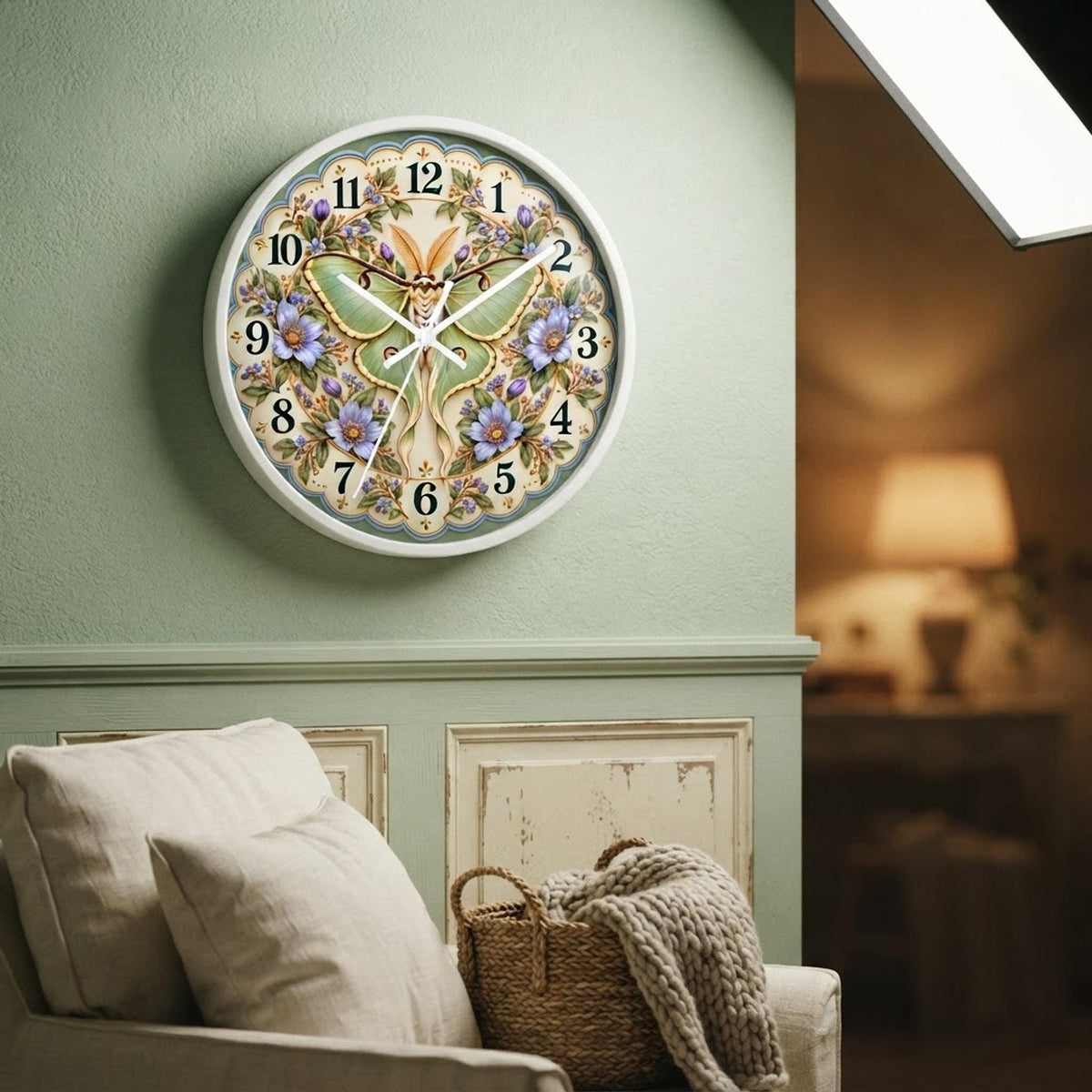 Luna Moth Floral Wall Clock, 10-Inch Botanical Illustration with Silent Movement