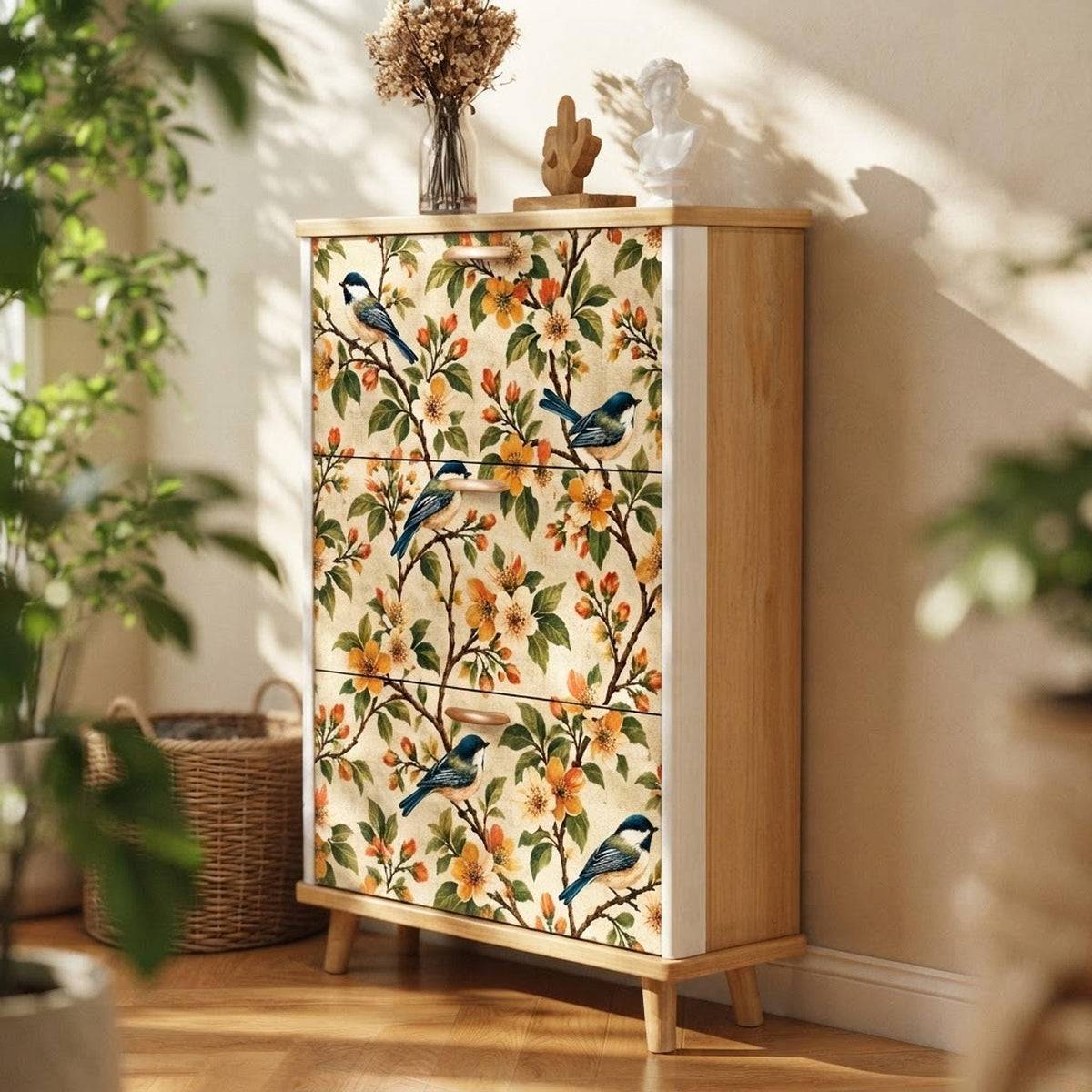 Pale Yellow Bird Shoe Cabinet (Made in USA)