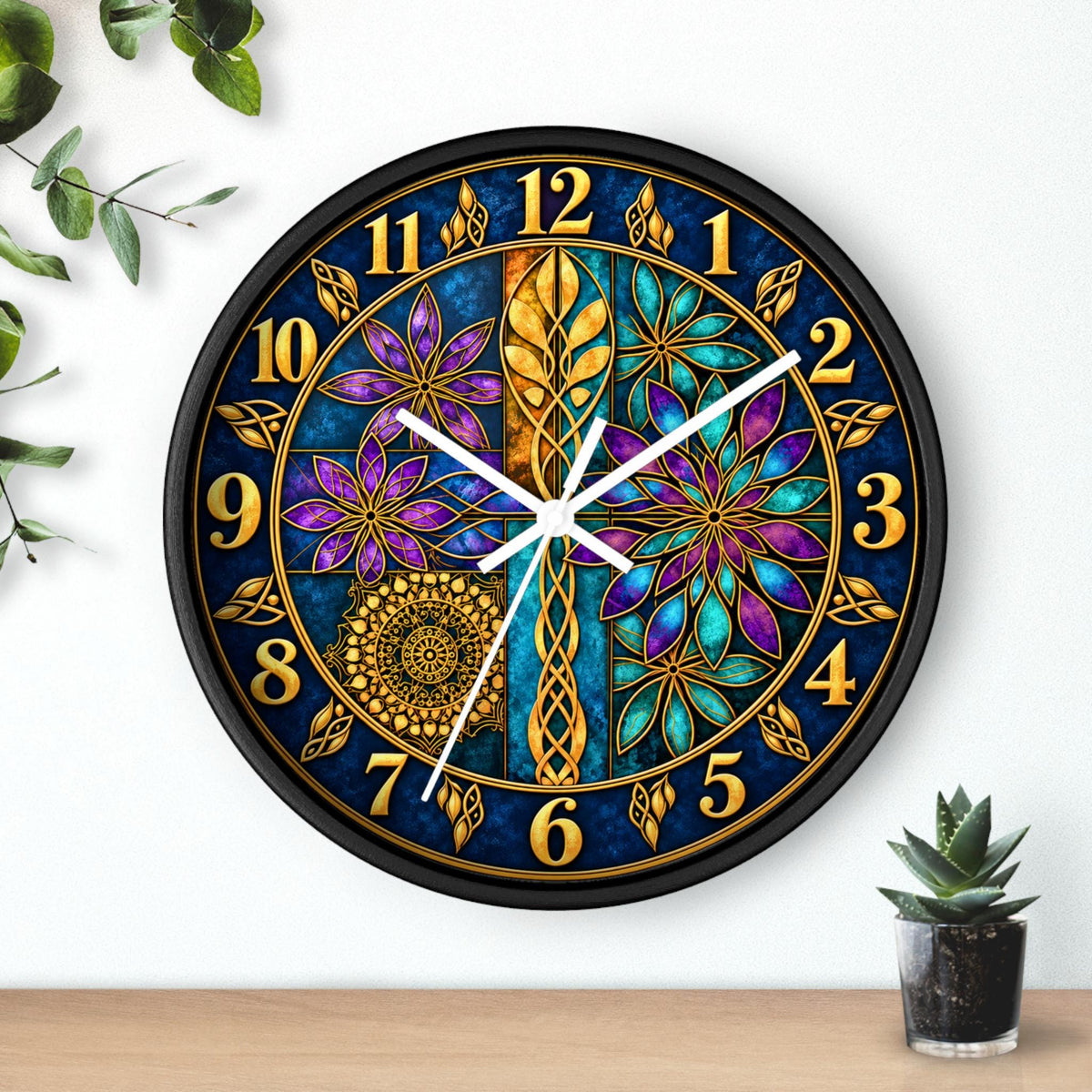 Stained Glass Clock, 10-Inch Celtic Floral Design With Wood Frame