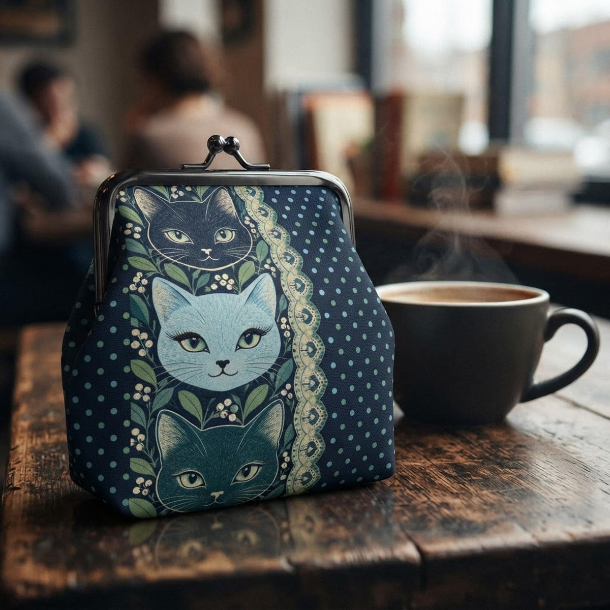Cat Coin Purse, Microfiber PU Faux Leather With Polka Dot Print