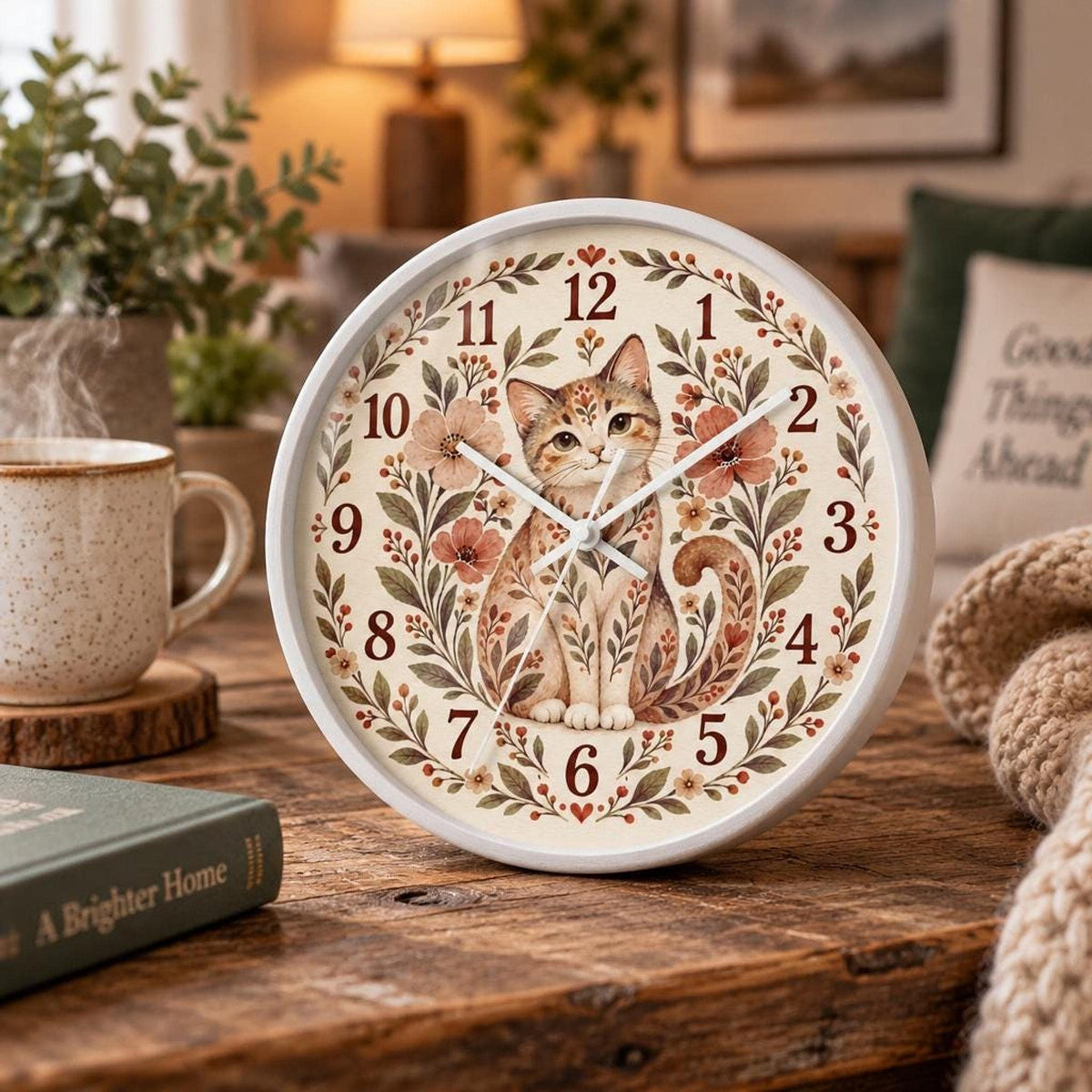 Floral Cat Wall Clock | Vintage Botanical Feline Design